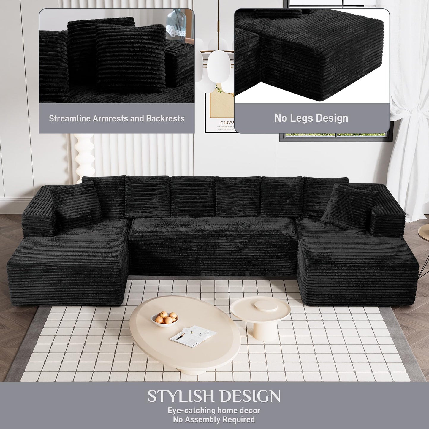 ONEMMLION 131" Modular Sectional Sofa Cloud Couch, Corduroy Memory Foam Black Sectional Couches for Living Room, Modern Deep Seat Boneless Sofa, Comfy Fluffy Plush U Shaped Couch with Chaise Lounge