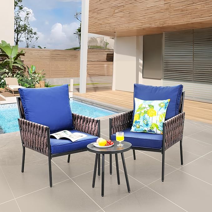 SunloungeCo Patio Furniture Set, 3-Piece Wider Outdoor Metal Seating Sofa with High Back, Coffee Ta ble, All Weather Rattan Conversation for Garden,Backyard, Poolside-Navy