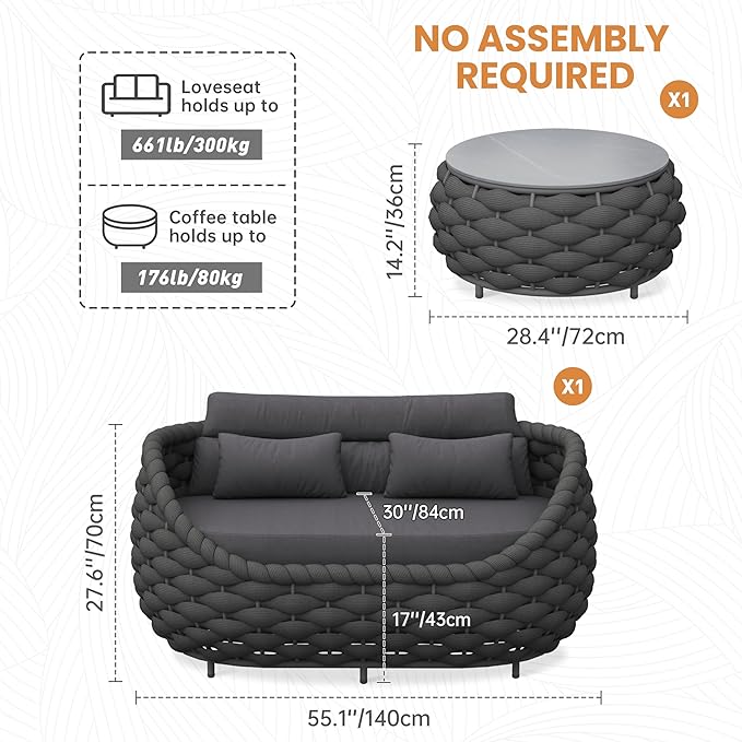 Erotr Patio Loveseat with Table: Aluminum Hand Woven Rope 2 Piece Patio Furniture Set - Cushioned Outdoor Seating Set - Modern Metal Lounge Set Assembled for Porch Balcony Deck Garden Hotel, Dark Grey