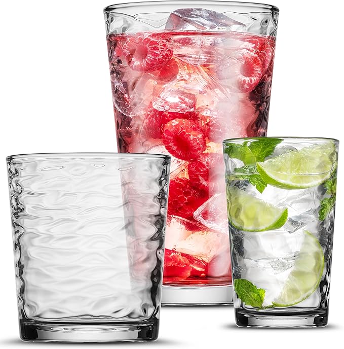 POPLASS Biscayne 18-Piece Family Drinking Glasses Set - Drinking Glassware Set with Highball Cooler, DOF (Double Old Fashi...