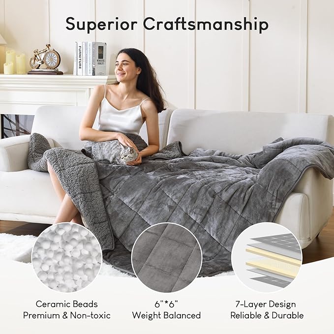 Cottonblue 20lbs Weighted Blanket Queen Size, 60x80 Inches Grey Sherpa Weighted Blanket Throw Sofa Bedding Heavy Blanket for Adults, Soft Cozy Fleece Blanket On Queen Bed