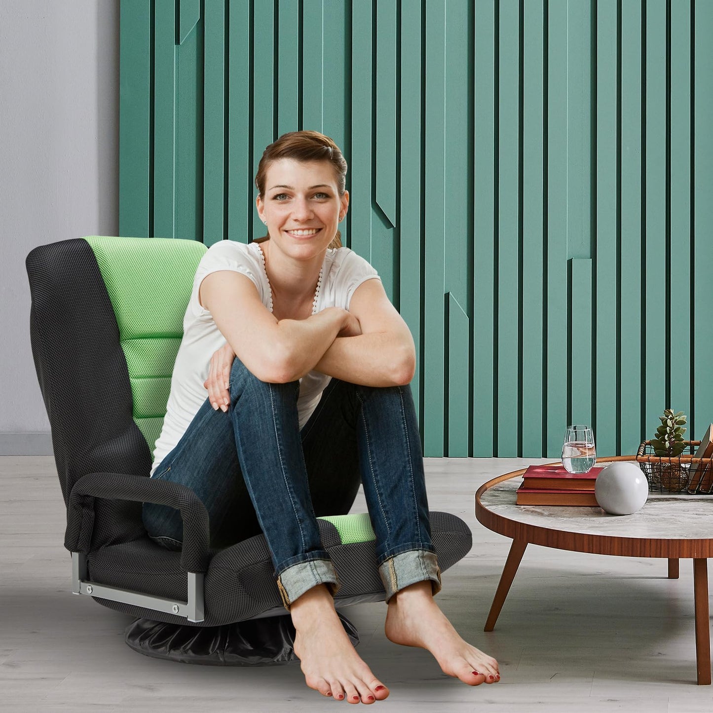 Swivel Gaming Chair Multipurpose Floor Gaming Chair for Gaming, TV, Reading w/6 Adjustable Postion Backrest, Armrest Lumbar Support & for Adults, Green