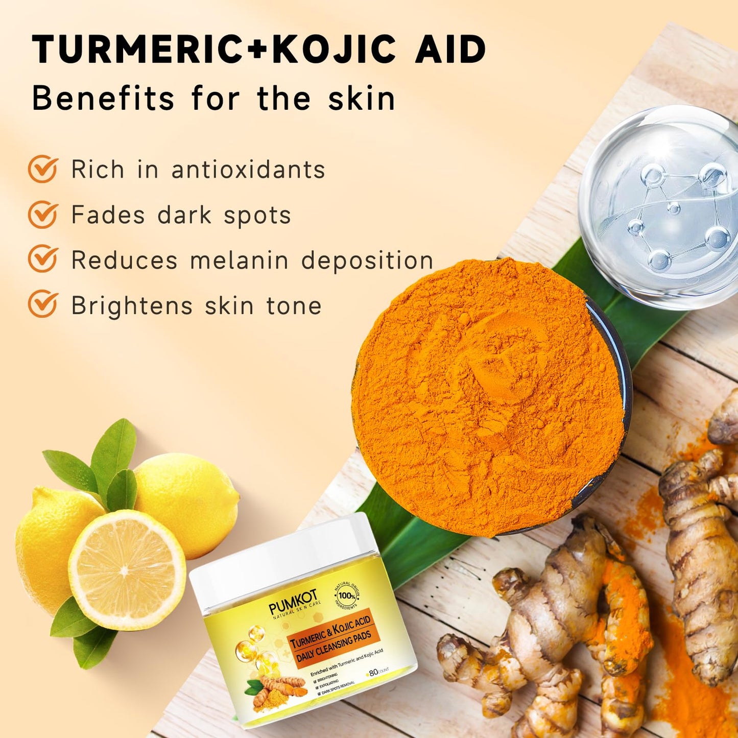 Pumkot Turmeric Kojic Acid Cleansing Pads, Turmeric Face Scrub Pads Enriched with Kojic Acid, 80PCS