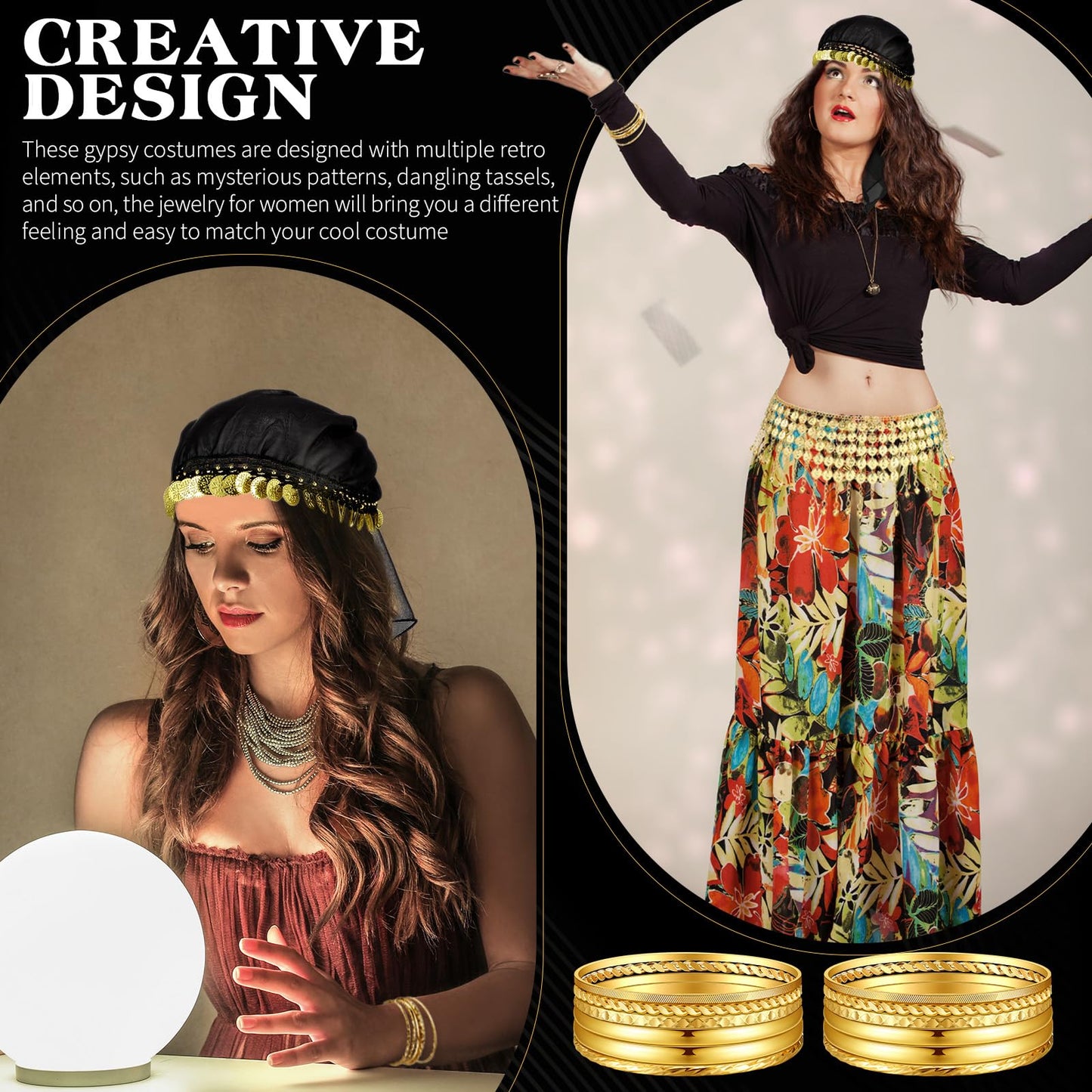 Tarpop 4 Pcs Gypsy Costume Women Halloween Belly Dance Accessories Fortune Teller Headpiece Hip Ethnic Tribal Indian Women(Stylish Style)