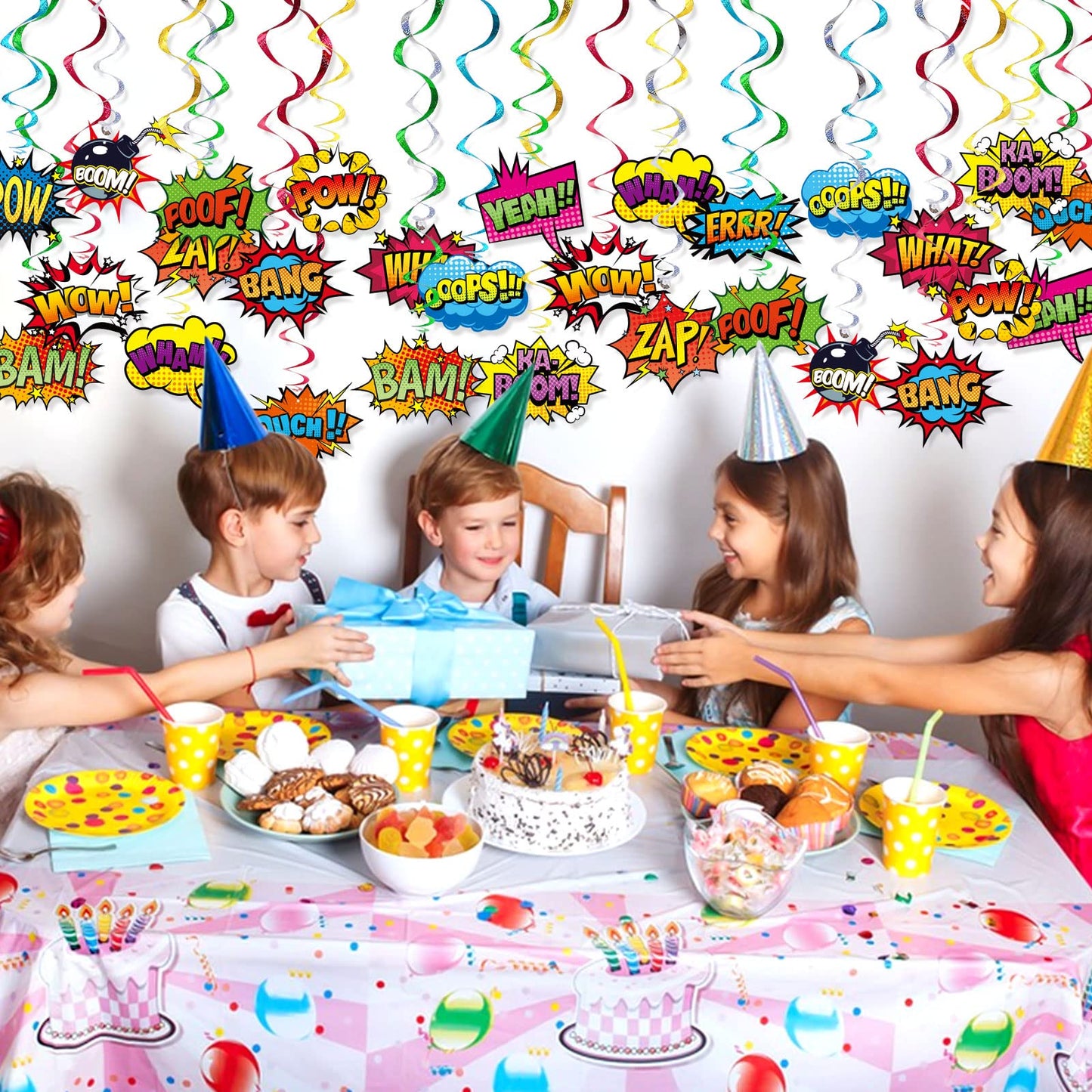 Superhero Hanging Swirls 30 Pack Hero Action Sign Foil Ceiling Hanging Swirls Streams Banner Decor Garland for Kids Superhero Baby Shower Celebrating Events Birthday Party Supplies Room Wall Decor