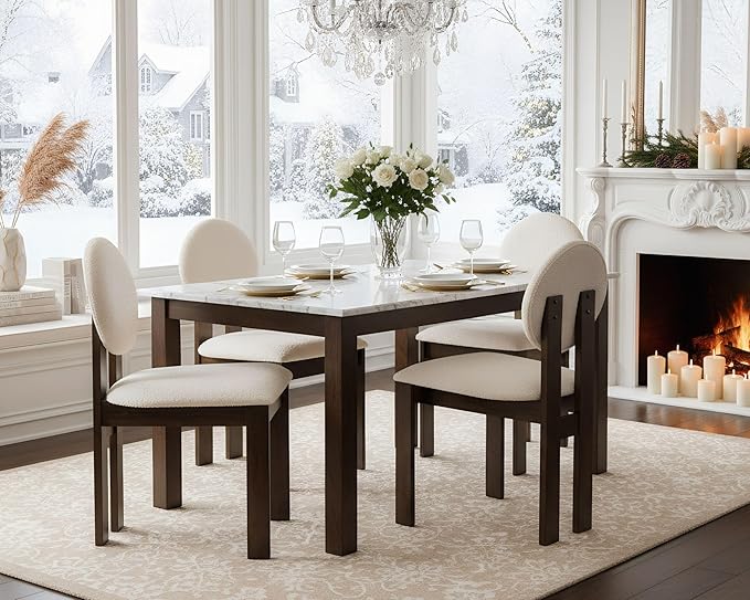 Modern Wood Dining Chairs Set of 2, Farmhouse White Boucle Kitchen Chairs with Round Back and Wooden Walnut Legs, Mid-Century Armless Upholstered Accent Chairs for Dining Room/Living Room/Restaurant