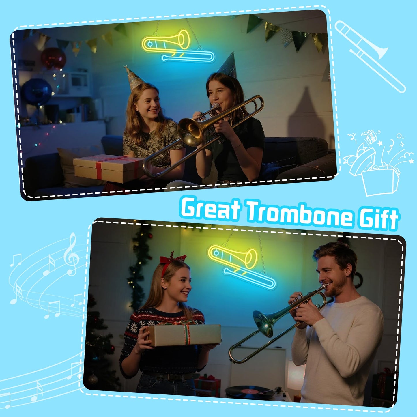 CoolGift Mart Trombone Neon Sign, Dimmable LED Trombone Room Decor Light With USB Powered, Decorations for Bedroom Living Room Club Music Studio, Gifts for Trombone Enthusiasts Music Lovers