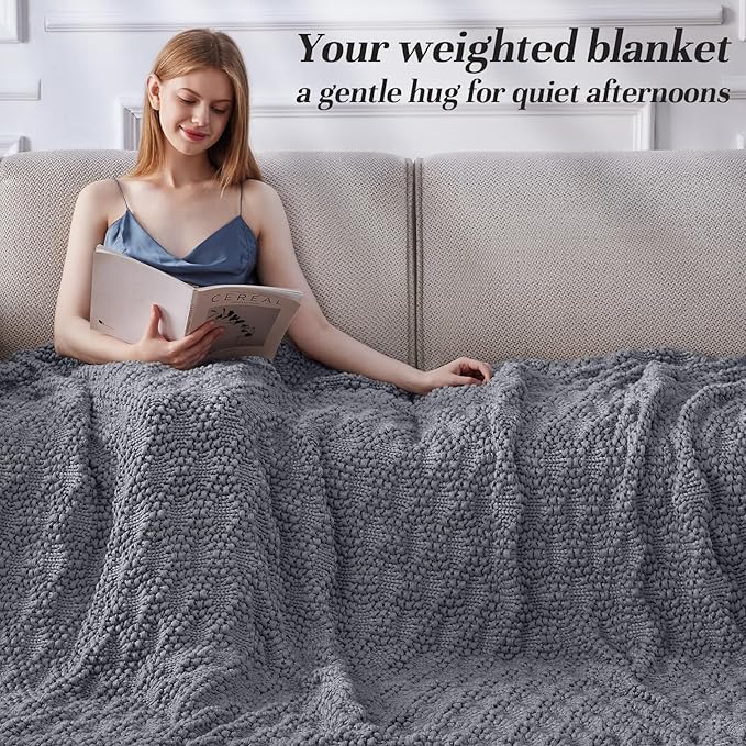 Knitted Weighted Blanket for Adult, Chunky Knit Weighted Throw for Sleep 48"*72" 15lbs, Cooling Breathable Heavy Blanket for Hot Sleepers, Machine Washable Blanket for Room Decor(Light Grey)