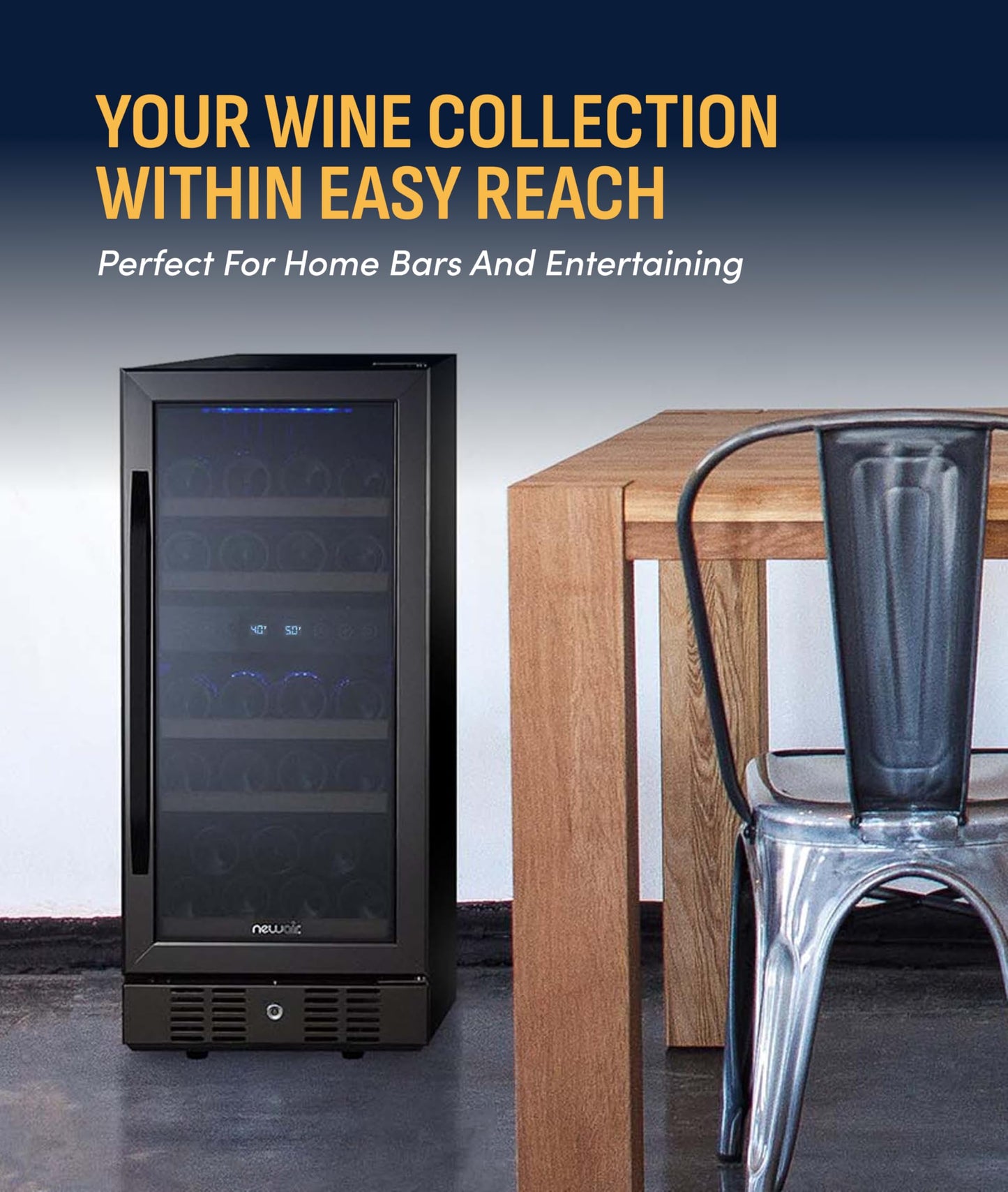 NewAir 15" Dual Zone Wine Fridge for 29 Bottles | Built-In or Freestanding Wine Cooler Refrigerator with Glass Door | Precision Cooling & Wood Shelves for Red and White Wines | Black Stainless Steel