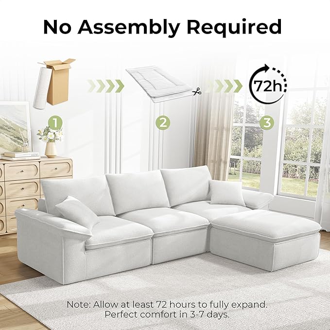 LIKIMIO 120" L-Shaped Modular Sectional Sofa, Cloud Sectional Couch with Deep Seat, Comfy Teddy Upholstery, Oversized 3-Seater with Ottoman, Boneless Couch for Living Room, No Assembly, White