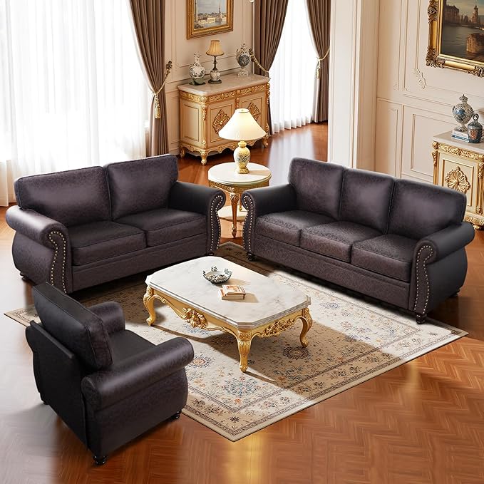 Couchus Living Room Furniture Sets,Sofa Sets and Couch Sets for Living Room,Mid-Century Vintage Sofa Couches with Rivet Design (Brown, 2 Loveseat+3 Seater)