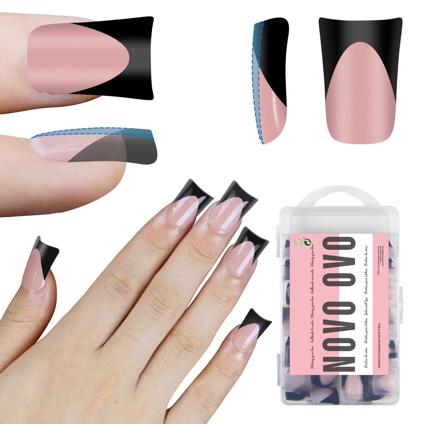 NOVO OVO Black French Tip Short Duck Nail Tips Press on, BABY PINK Pre-designed Soft Gel Nail Extension, Extra thick Full Cover