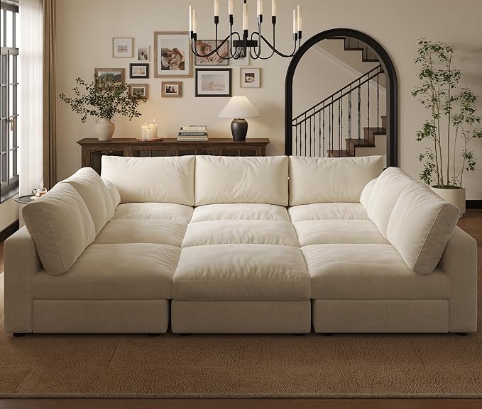Cloud Modular Sectional Sleeper Sofa with Storage Ottoman, 128" Oversized Sectional Couches for Living Room, Cloud Modular Sleeper Sofa with Chaise, 9 Seater, Chenille, Beige