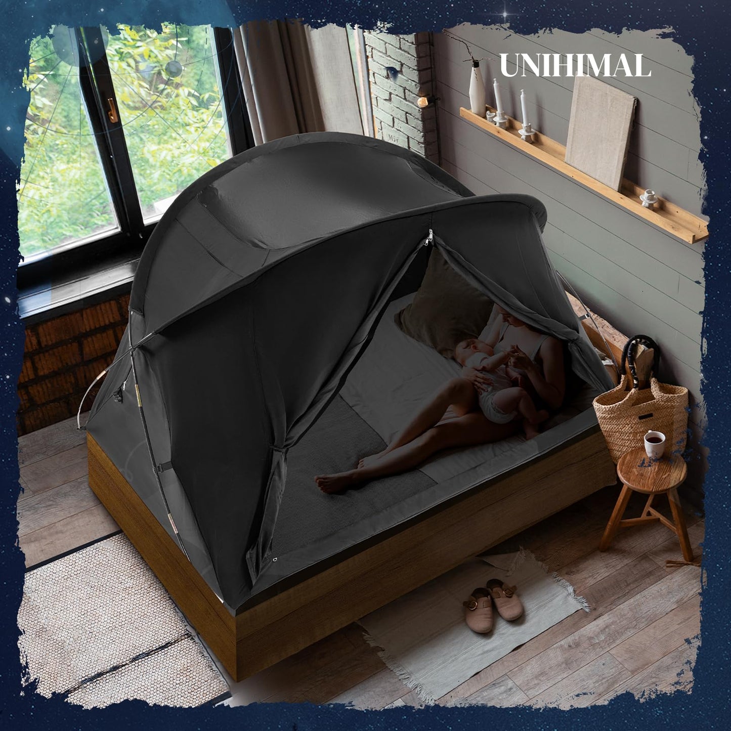 UNIHIMAL Bed Tent Canopy Full, Blackout Portable Sleep Tent Easy Setup, Breathable Mesh, Privacy Curtains for Adults, Ideal for Indoor