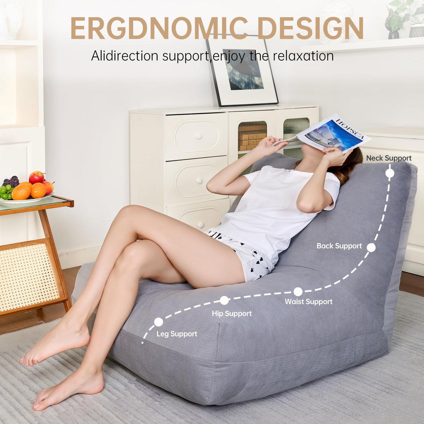 Stmoze Bean Bag Chairs for Adults, Memory Foam Bean Bag Chair, Spacious Single Sofa, Ergonomic Support Reading Floor Sofa Chair with Filler, Comfy Cozy Beanbag Couch for Bedroom Living Room (Grey)