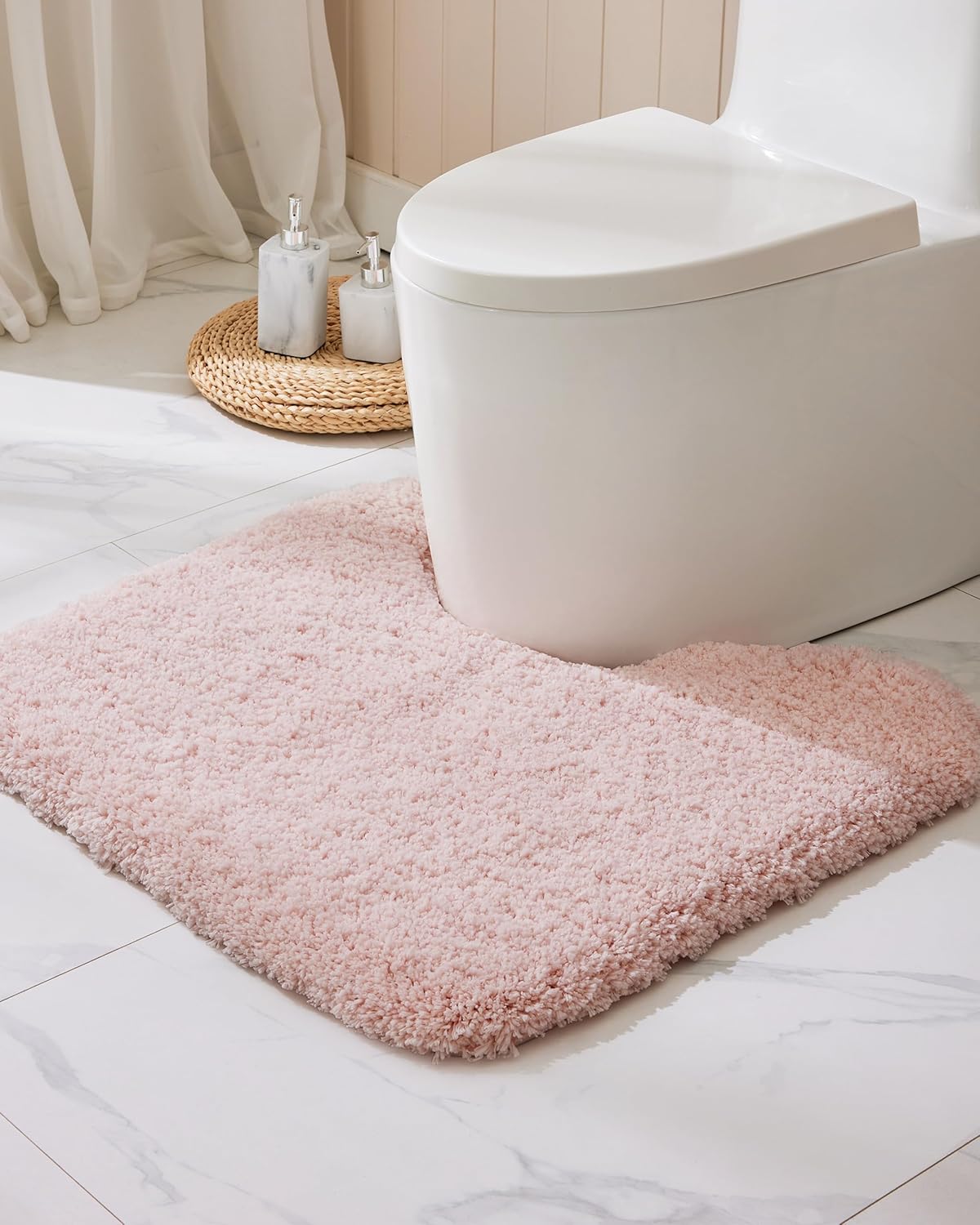 Pink Toilet Rug 22x24 Non Slip Fluffy Toilet Floor Mat U Shaped Washable Bathroom Contour Rug for Toilet Absorbent Thick Toilet Carpet