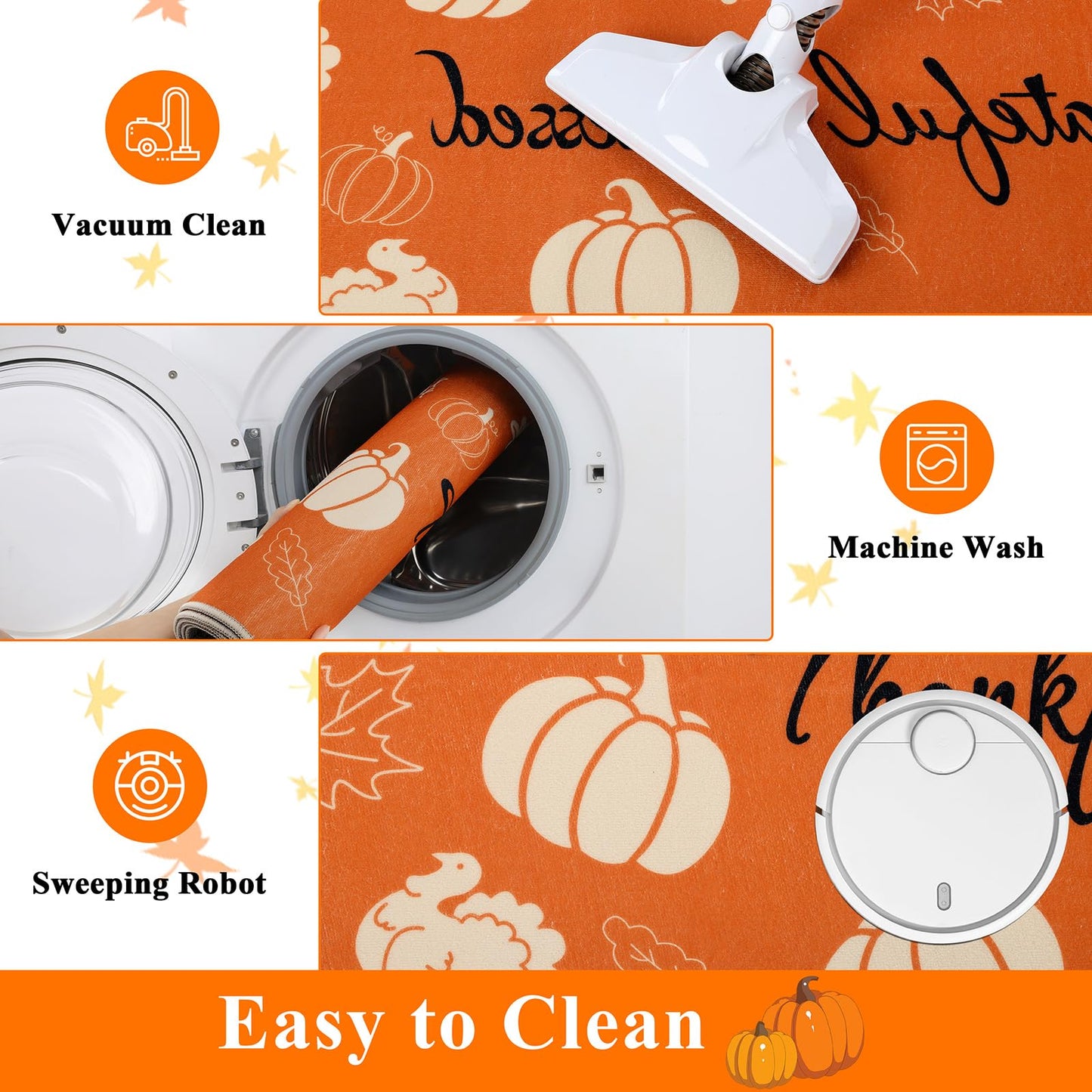 Ileading Fall Kitchen Rugs Set of 3, Washable Kitchen Mats for Floor, Non Slip Thanksgiving Kitchen Rugs and Mats Decor, Autumn Harvest Hello Pumpkin Floor Carpet for Kitchen Hallway Laundry Room