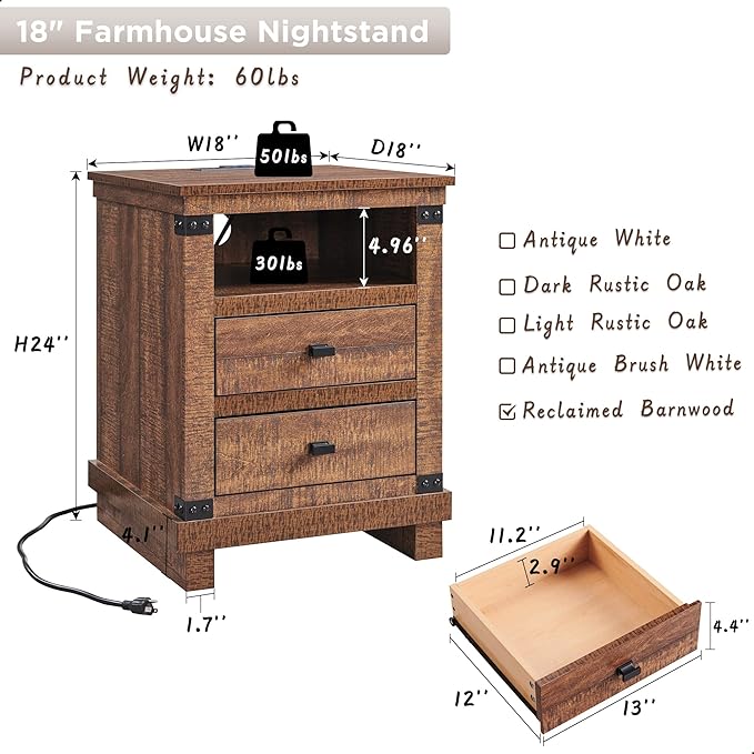 Farmhouse Nightstand with Charging Station, 18" Rustic Night Stand with 2 Storage Drawers, Wood End Table for Bedroom, Living Room, Reclaimed Barnwood