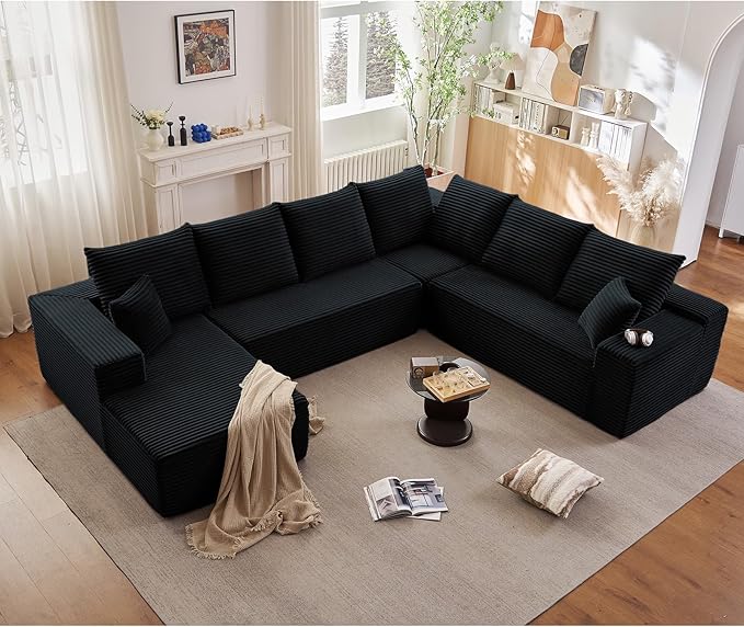 137" Cloud Sectional Couch with L-Shape Chaise, Modern Corduroy Boneless Couch for Living Room,Memory Foam Sofa with Deep Seat,No Assembly Required (Black,Left-Facing Chaise)