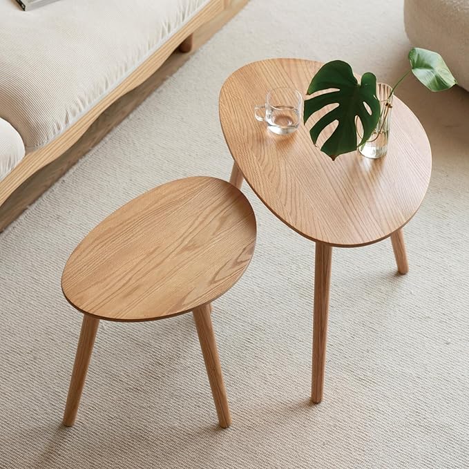 Vadisun Small Oval Nesting Table, Mid Century Coffee Table for Living Room,Solid Oak Wood End Tables,Triangle Tabletop with 3 Legs,Minimalist Display Living Tables (Original Wood Color, 3 Pieces)