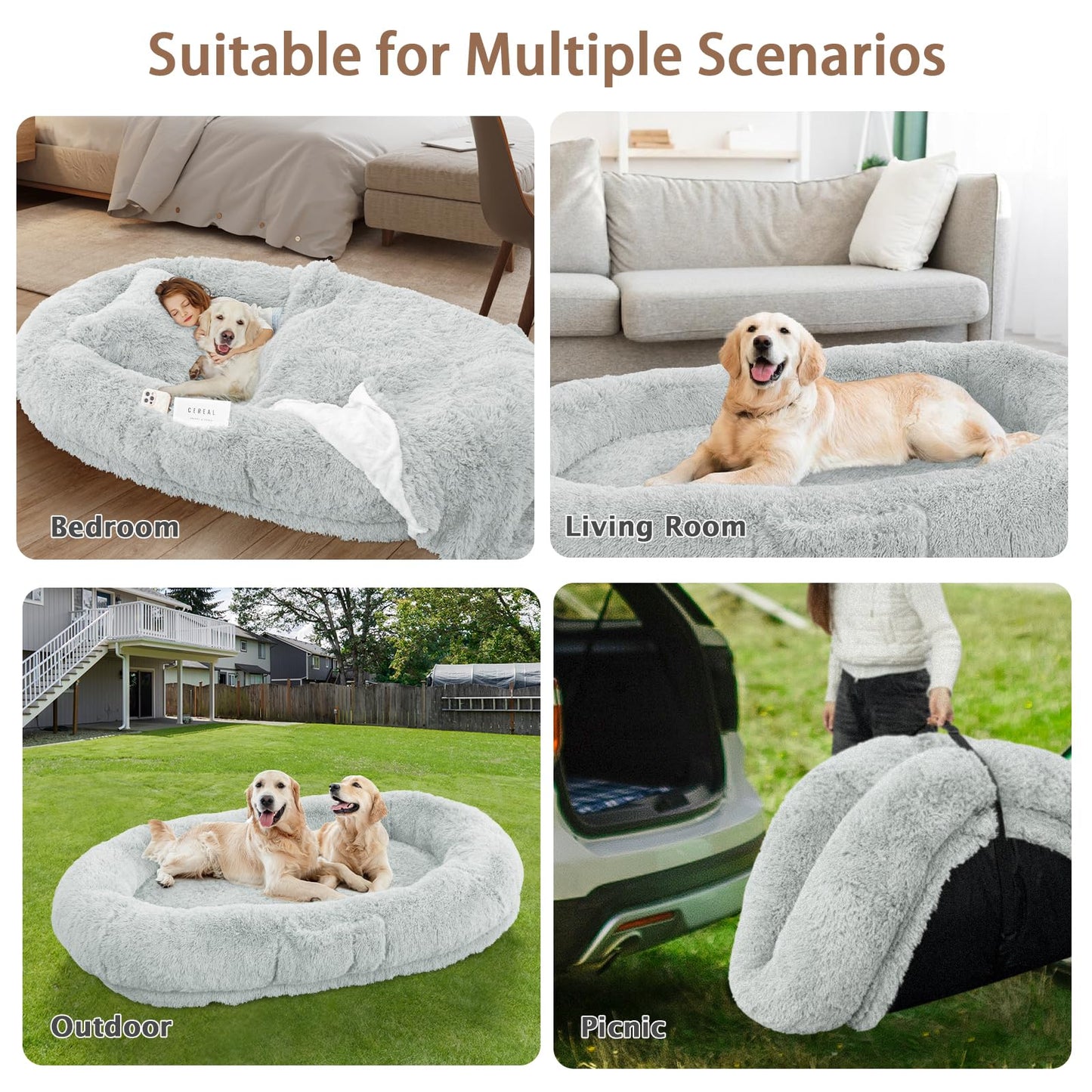 ROOMTEC Human Dog Bed, 71''x45''x12'' Size Fits Adult and Pet Washable Giant People Dog Bed 10 CM Thick Memory Foam Large Oversize Pet Bed with Plump Pillow, Blanket, Strap - Grey
