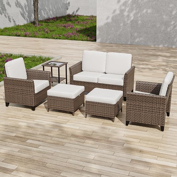 COOS BAY Harbor Retreat 6 Piece Outdoor Furniture Set, Patio Conversation Set with Patio Chairs, 2 Seat Loveseat, Side Table and Ottomans, Wicker Furniture, Brown/Beige