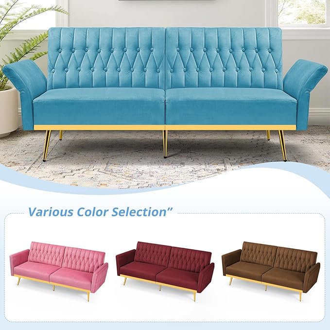 ACMEASE 70” Velvet Futon Sofa Bed with 2 Pillows and Adjustable Armrests, Convertible Sleeper Bed W/Adjustable Backrests, Modern Loveseat for Living Room, Bedroom, Baby Blue