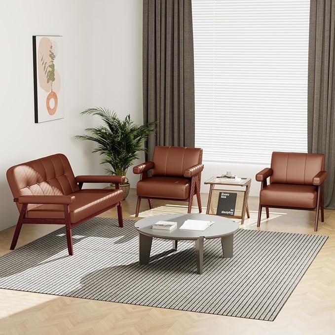 STHOUYN Brown Leather Accent Chairs, Mid Century Modern Chair, Side Arm Chairs for Living Room, Office Guest Waiting Room Lobby Chairs (1, Brown)