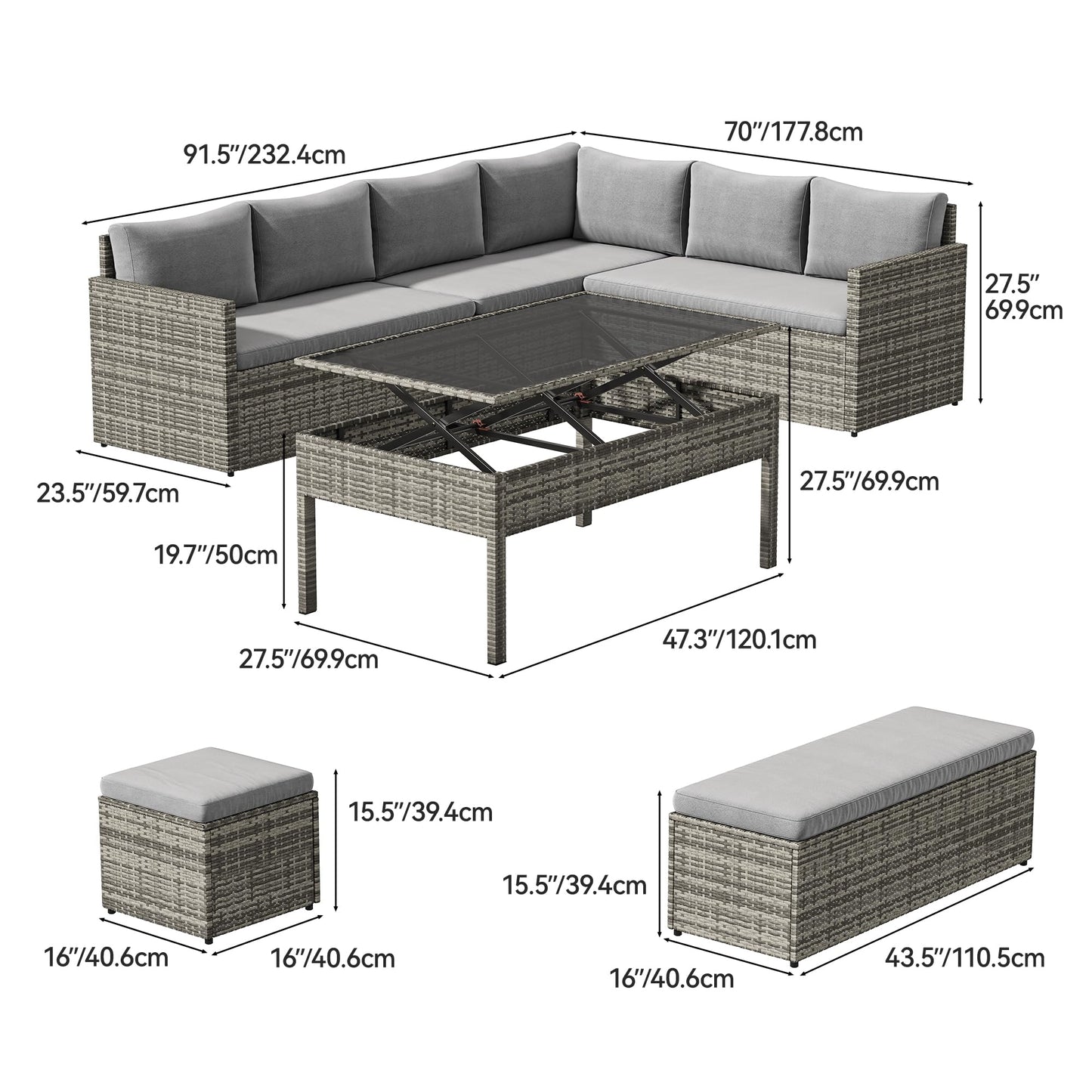 YITAHOME 9 Piece Patio Furniture Set, All-Weather Wicker Outdoor Sectional Sofa with Lift-Top Coffee Table & Ottoman, Patio Conversation Set for Deck, Backyard, Porch - Gray Gradient