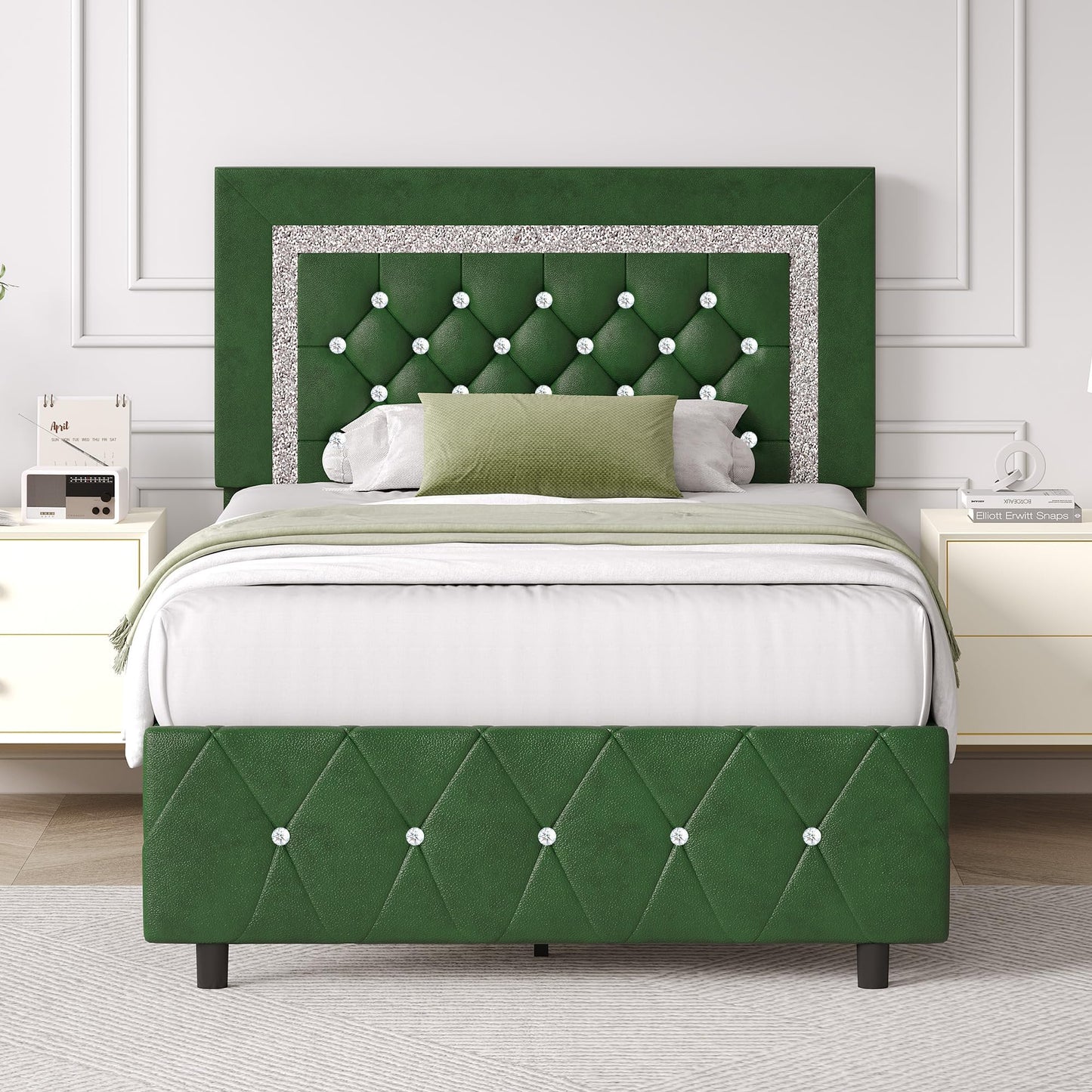 Twin Bed Frames with Headboard, Faux Leather Upholstered Bed with Diamond Tufted Design, Modern Platform Bed with Wooden Slats Support, No Box Spring Required, Easy Assembly, Green