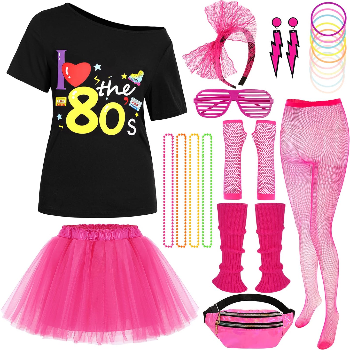 Gorkonpy 80s Outfit Woman Adult Halloween 80s Costumes for Woman with Accessories Leg Warmers Earrings Fanny Pack Headband (Small)