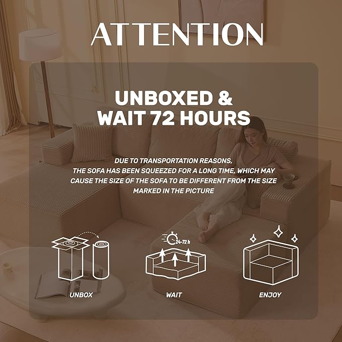Afuson 107" Boneless Couch with Deep Seat, Modular Sectional Sofa, Cloud Sectional Couch for Living Room, No Assembly Required, Corduroy, U-Shape 3 Seater Left, Camel