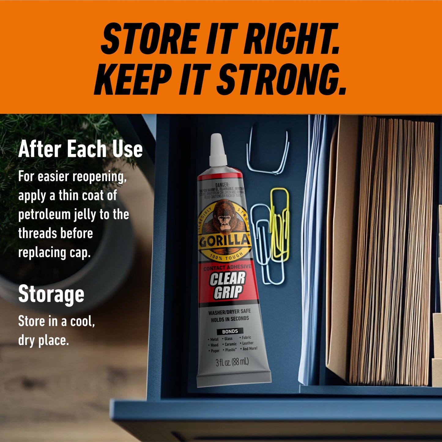 Gorilla Clear Grip Waterproof Contact Adhesive, 3 Ounce Tube, Clear, (Pack of 1)