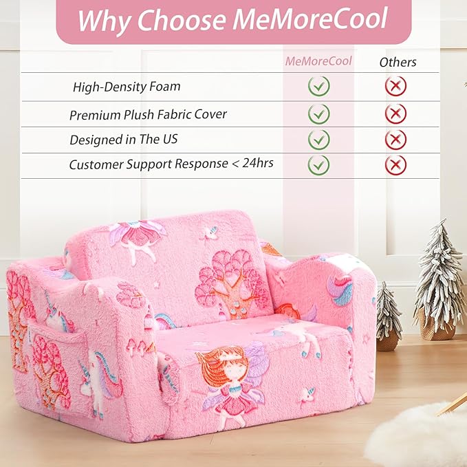 MeMoreCool Folding Toddler Chair, Glow-in-The-Dark Soft Plush Kids Fold-Out Couch Sofa, Comfy Baby Recliner for Girls and Boys (Pink Fairy)