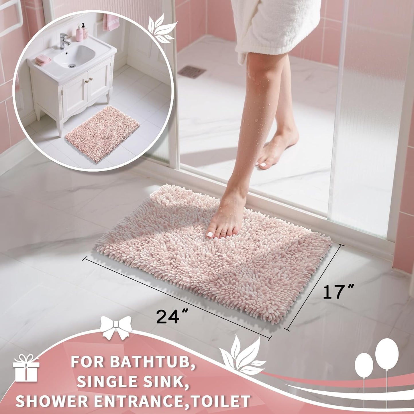 Yimobra Chenille Bathroom Rugs Non Slip, Extra Thick Soft Absorbent Bath Rug, Machine Washable Quick Dry Bath Mat for Bathroom Floor, Tub and Shower, Home Decor Accessories, 24x17, Pink