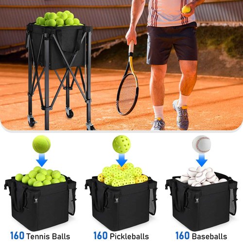 TOBWOLF Foldable Tennis Ball Cart, Holds 160 Tennis Balls, Portable Tennis Ball Hopper with Wheels, Compact & Lightweight Tennis Teaching Cart Practice Hopper for Baseball Softball Tennis Pickleball