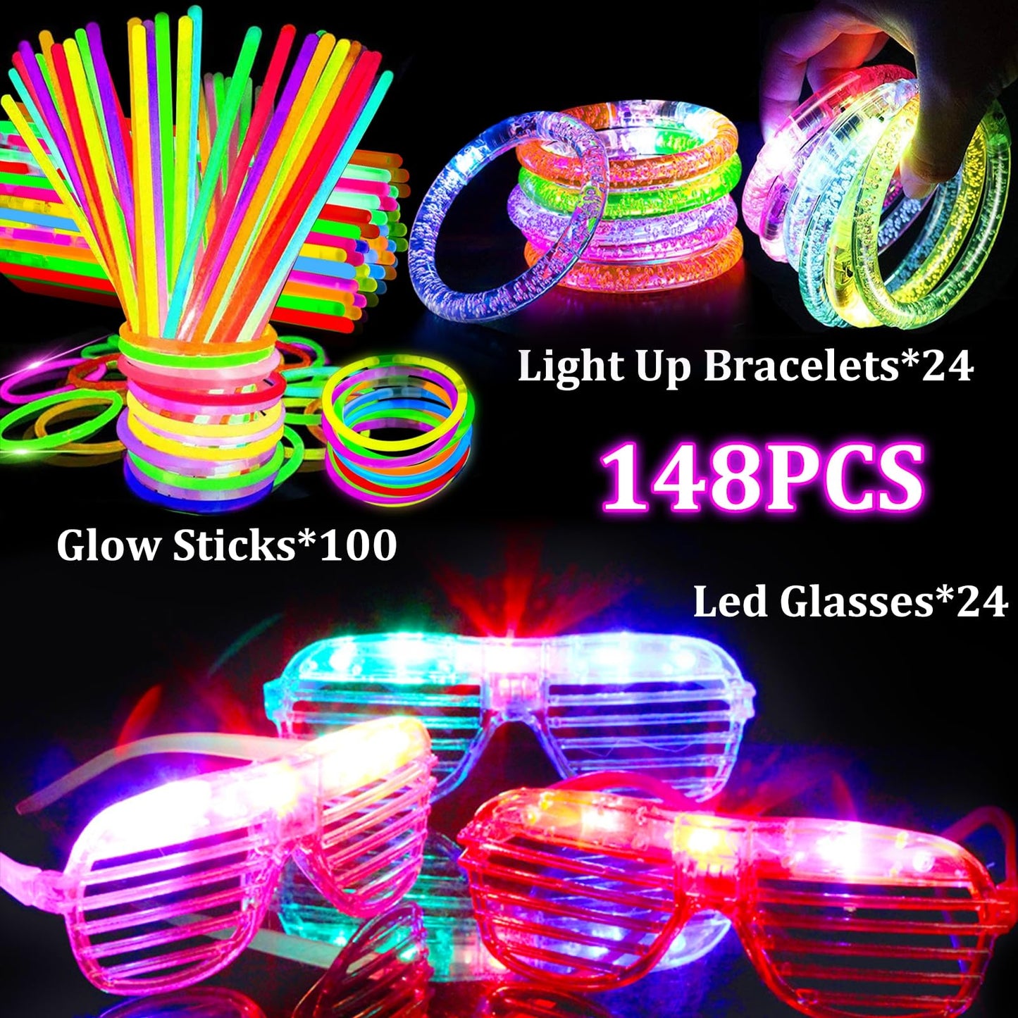 TURNMEON 148 PCS Glow in the Dark Party Supplies Light Up Toys with 24 Led Glasses, 24 Flashing Bracelets and 100 Glow Sticks Bulk Party Favors for Kid Birthday Wedding Carnivals Concert Halloween