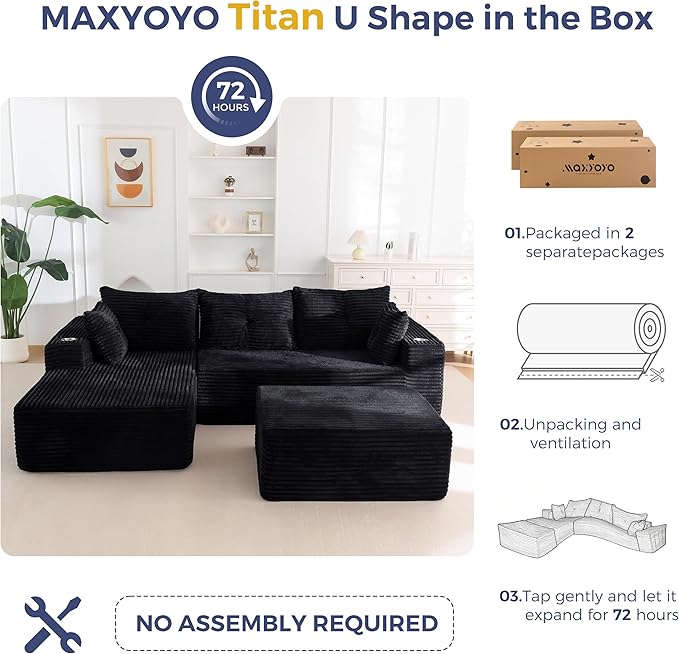 MAXYOYO 104" U-Shaped Modular Sectional Couch, Modern Boneless Couch for Living Room, Sofa in A Box, Oversized Sofa Sleeper with Deep Seat, No Assembly Required, Black