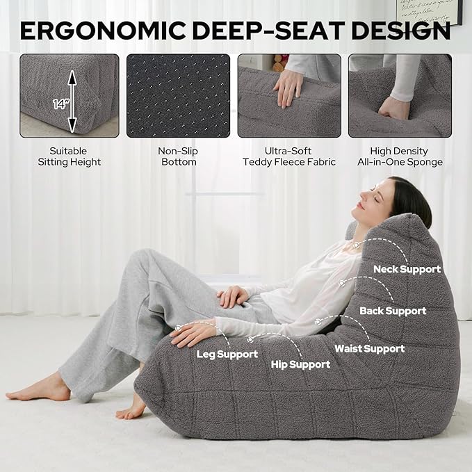 HABUTWAY Bean Bag Chairs Fireside Lazy Floor Sofa, Soft Teddy Fleece Bean Bag Sofa with High-Resilience Foam Filling，Beanbag for Living Room, Bedroom, Office (Dark Grey Teddy)