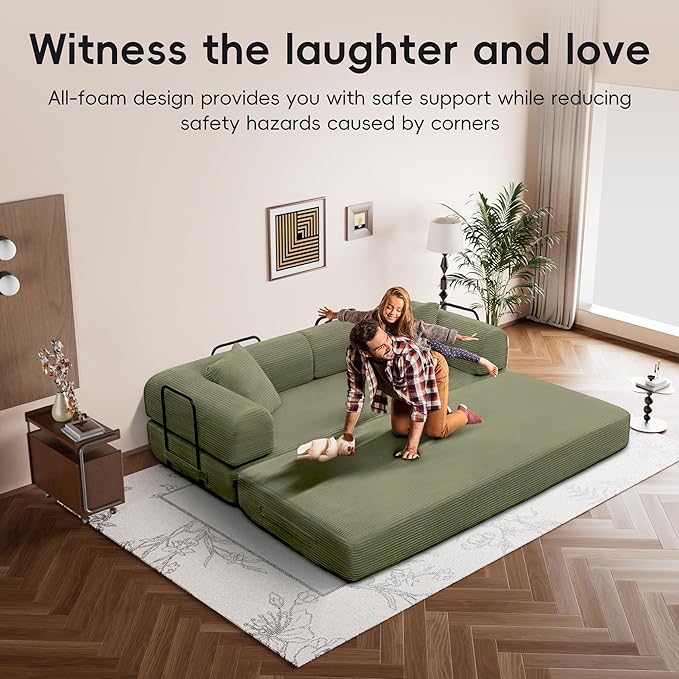 ZQRhome 79" 5-in-1 Convertible Sofa Bed, Luxe Comfort Sleeper with Sturdy Frame, No Assembly Corduroy Couch for Living Room, Apartment & Relaxation, Light Green