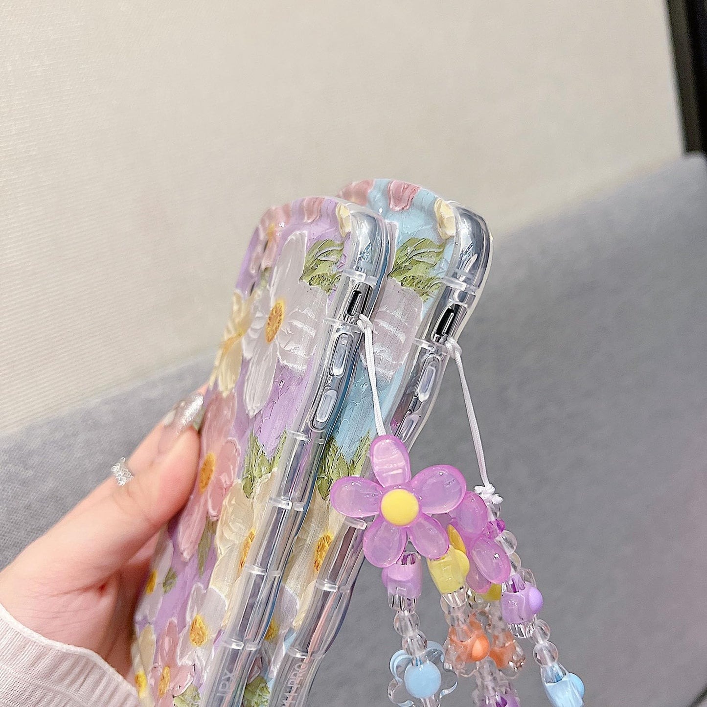 For Iphone X Iphone Xs Curly Wavy Case, Cute Colorful Retro Oil Painting Flower Glossy Pattern [With Bead Chain], Slim Fit Shock