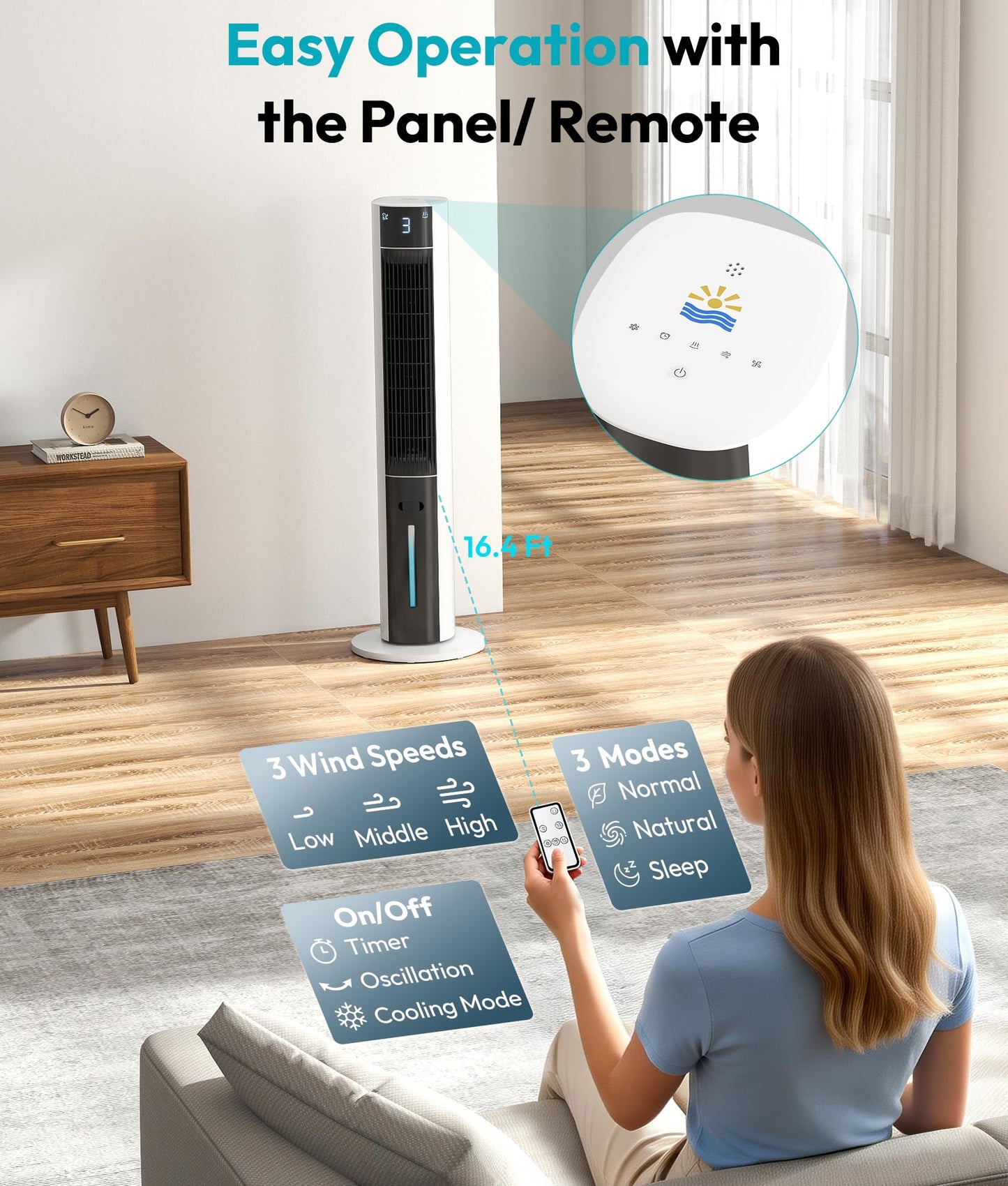 Rellytech Evaporative Air Cooler - Swamp Cooler with 3L Water Tank, 3 Modes & 3 Speeds, Remote Control, 12H Timer, 50° Oscillating Portable Bladeless Cooling Tower Fan For Room Bedroom Office