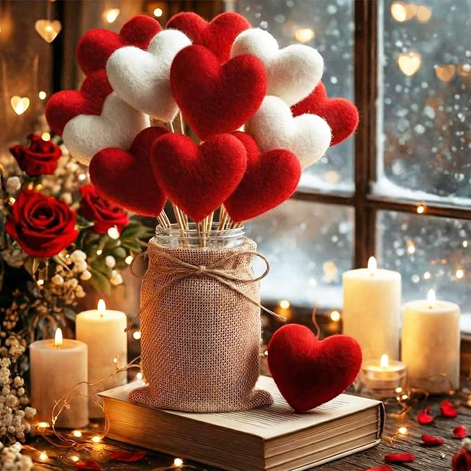 Youyole Rustic Valentines Day Table Decorations Set, Mason Jars Valentines Centerpiece Decor with 12 Pcs Red White Felt He...