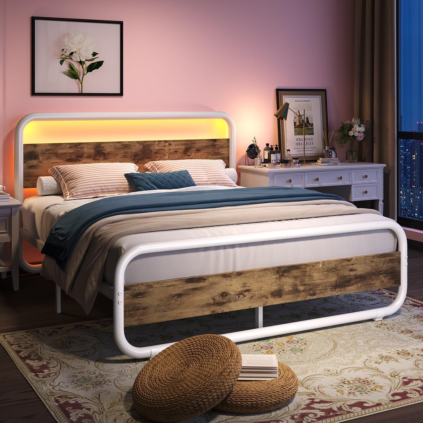 Catrimown Queen Size Bed Frame, Queen Bed Frame with Led Headboard, Metal Platform Bed Frame with 12" Under Bed Storage, Noise Free, No Box Spring Needed, White