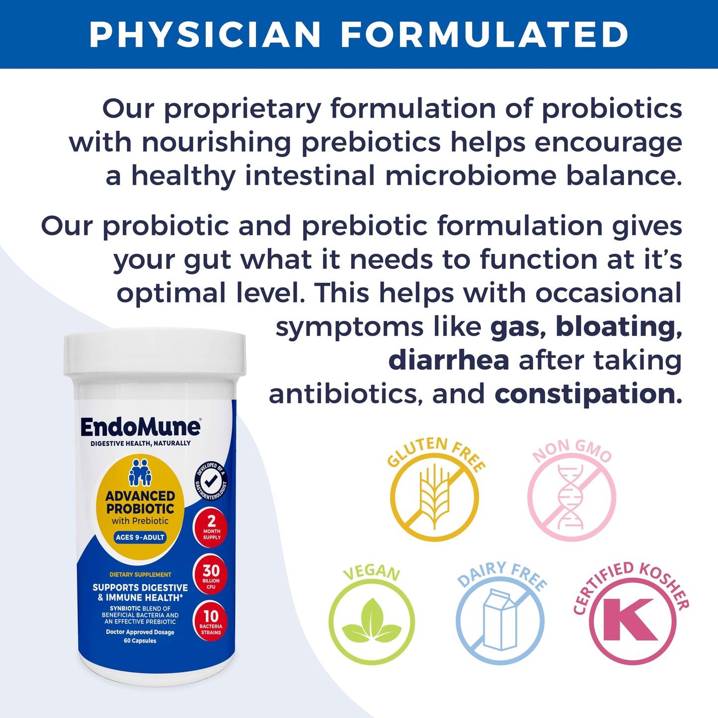 Endomune Advanced Adult Multi-Strain Probiotic Supplement with Prebiotic - 10 Strains, 30 Billion CFU - Physician Formulated (60-Count)