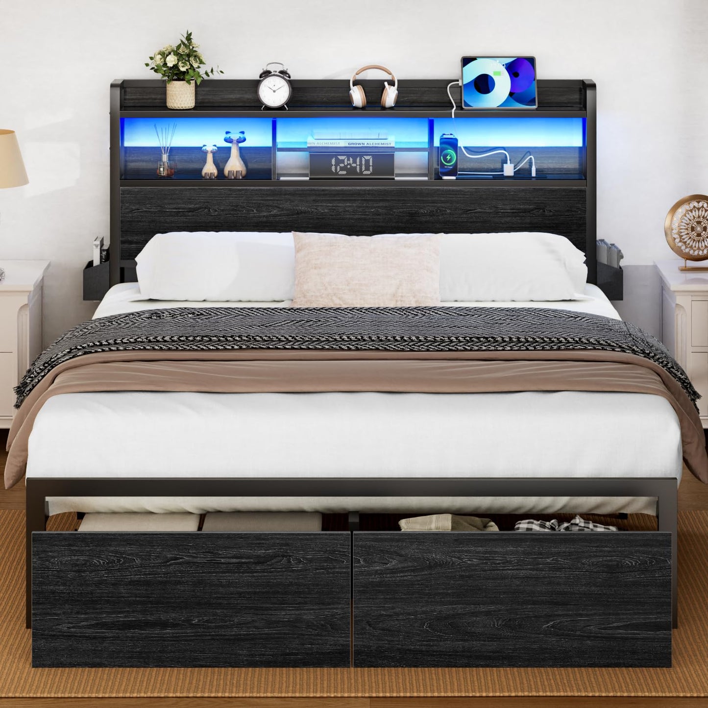 Furnulem Queen Bed Frame with Wood Headboard and Storage Shelf, Metal Platform Bed Frame Queen Size with Storage Drawers, LED Lights and Charging Station, No Box Spring Needed, Noise Free, Black