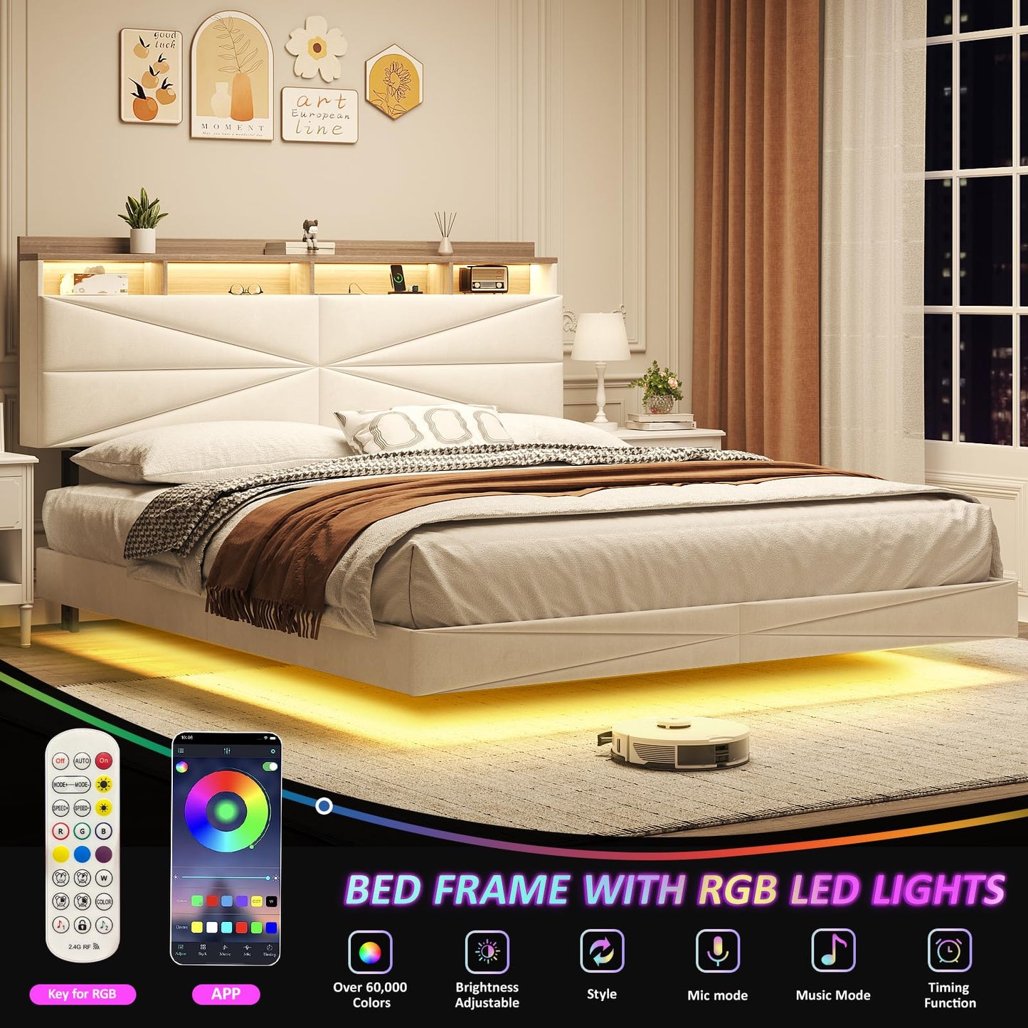 Queen Size Floating Bed Frame with Hidden Storage Headboard, Modern Metal Queen Bed with Charging Station, Upholstered Platform Bed with Shelf and LED Lights, Noise-Free, No Box Spring Needed, White