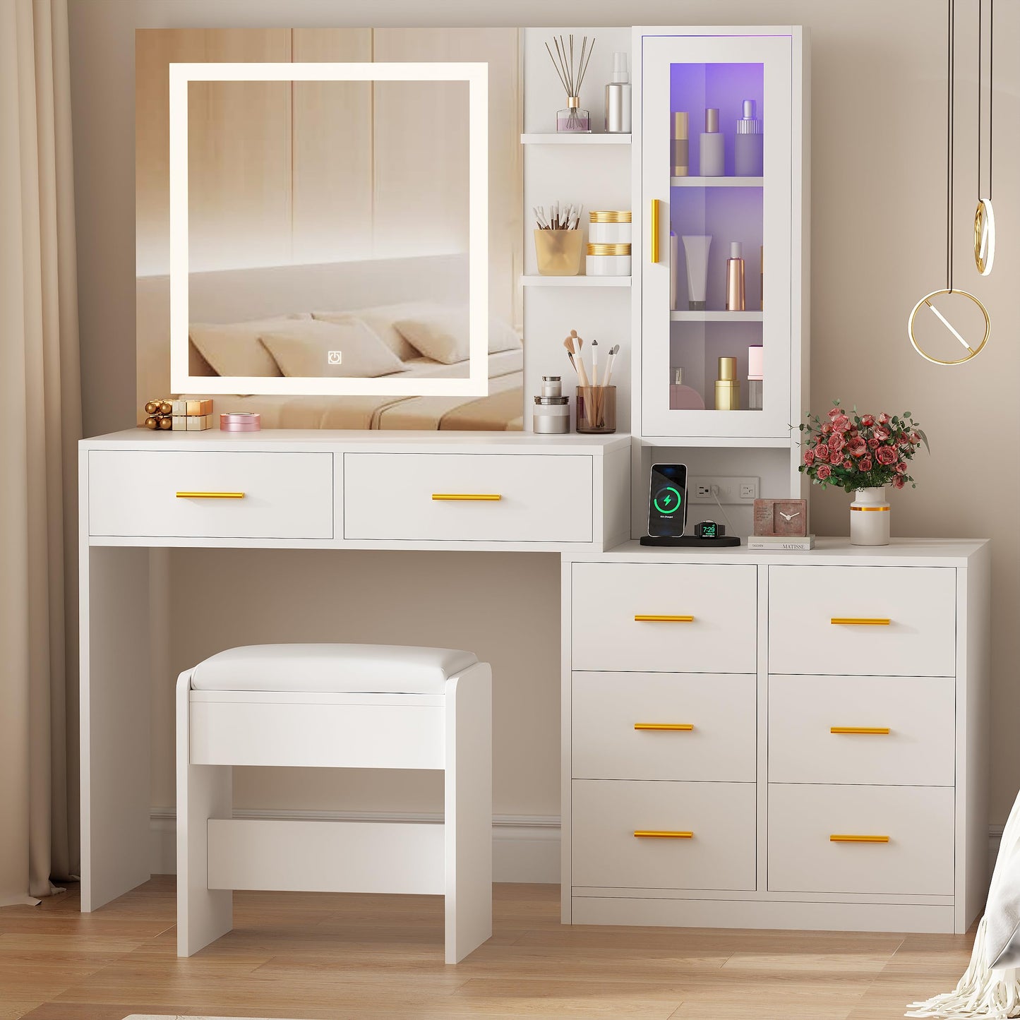 ANWBROAD 51.8" Makeup Vanity Desk with Mirror and Lights White Vanity Table with RGB Storage 8 Drawers Power Outlet Large Dresser Dressing Table with Storage Shelves Stool for Bedroom Girls UBDT77W
