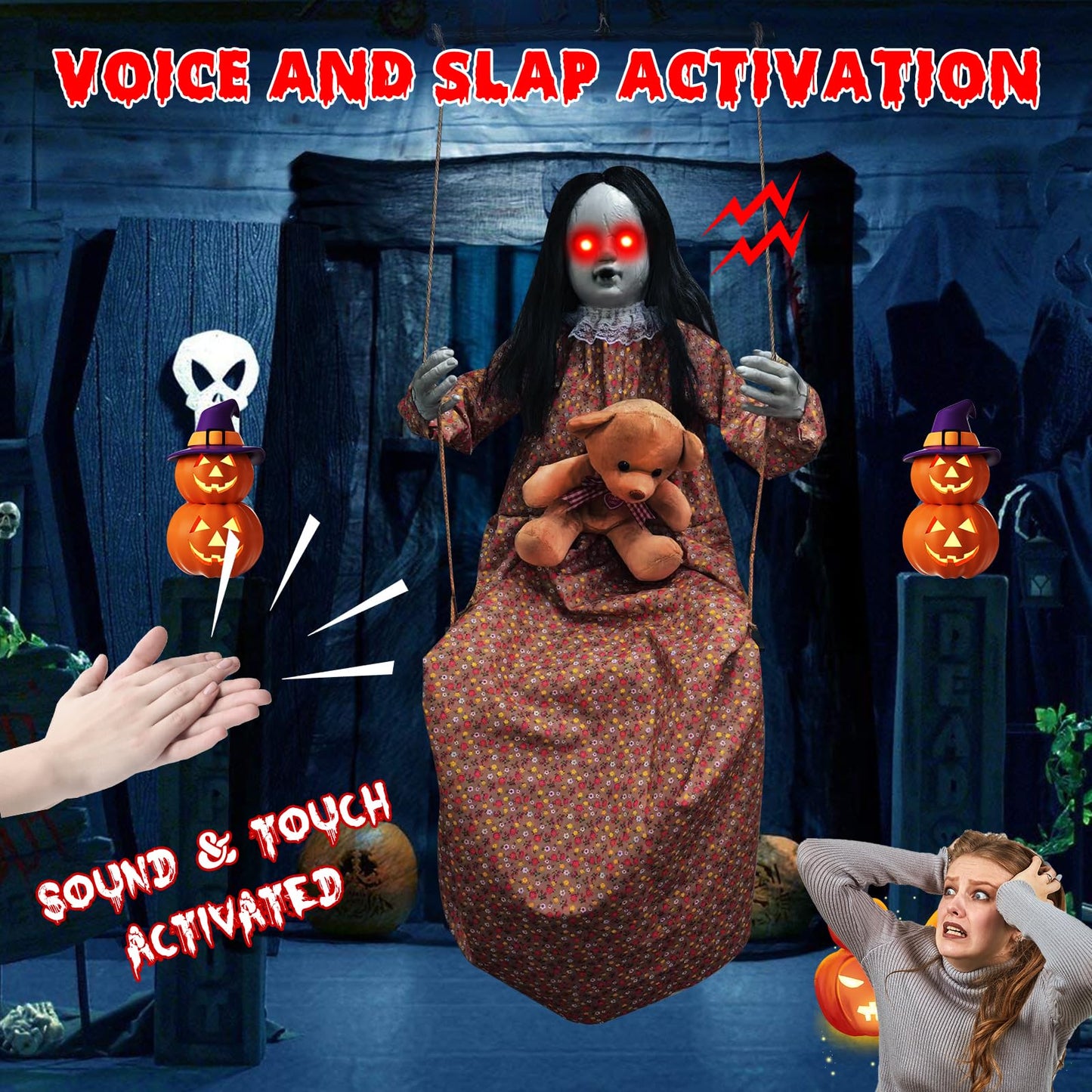 Scary Halloween Decorations Outdoor, Halloween Hanging Swinging Doll Girl with Sound & Slap Activated, Light Up Eyes Creepy Sound Expressions, Large Scary Halloween Decor Props for Indoor Outside