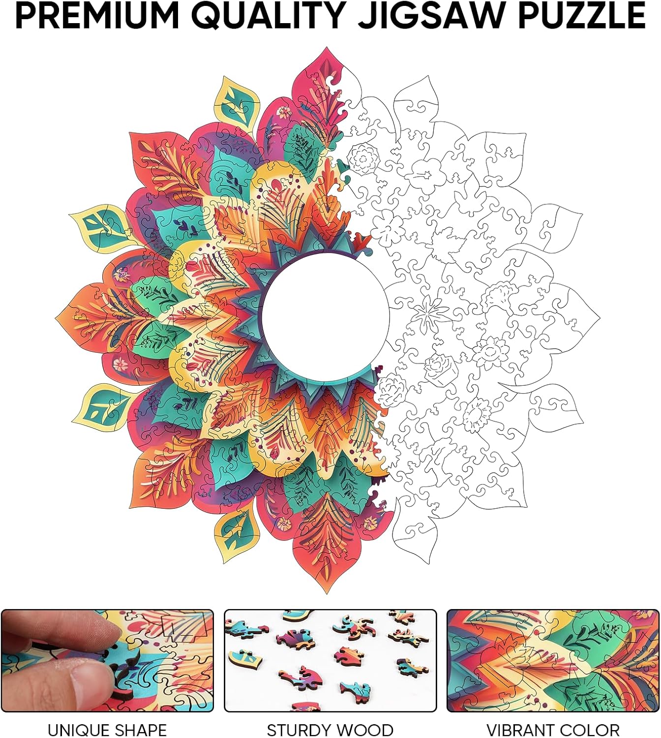 Wooden Puzzles for Adults 500 Pieces, Hollow Mandala Jigsaw Puzzles, Unique Design Color Challenge Adult Puzzles for Family Game Gift, Home Decor, 17.6x16.7 inch